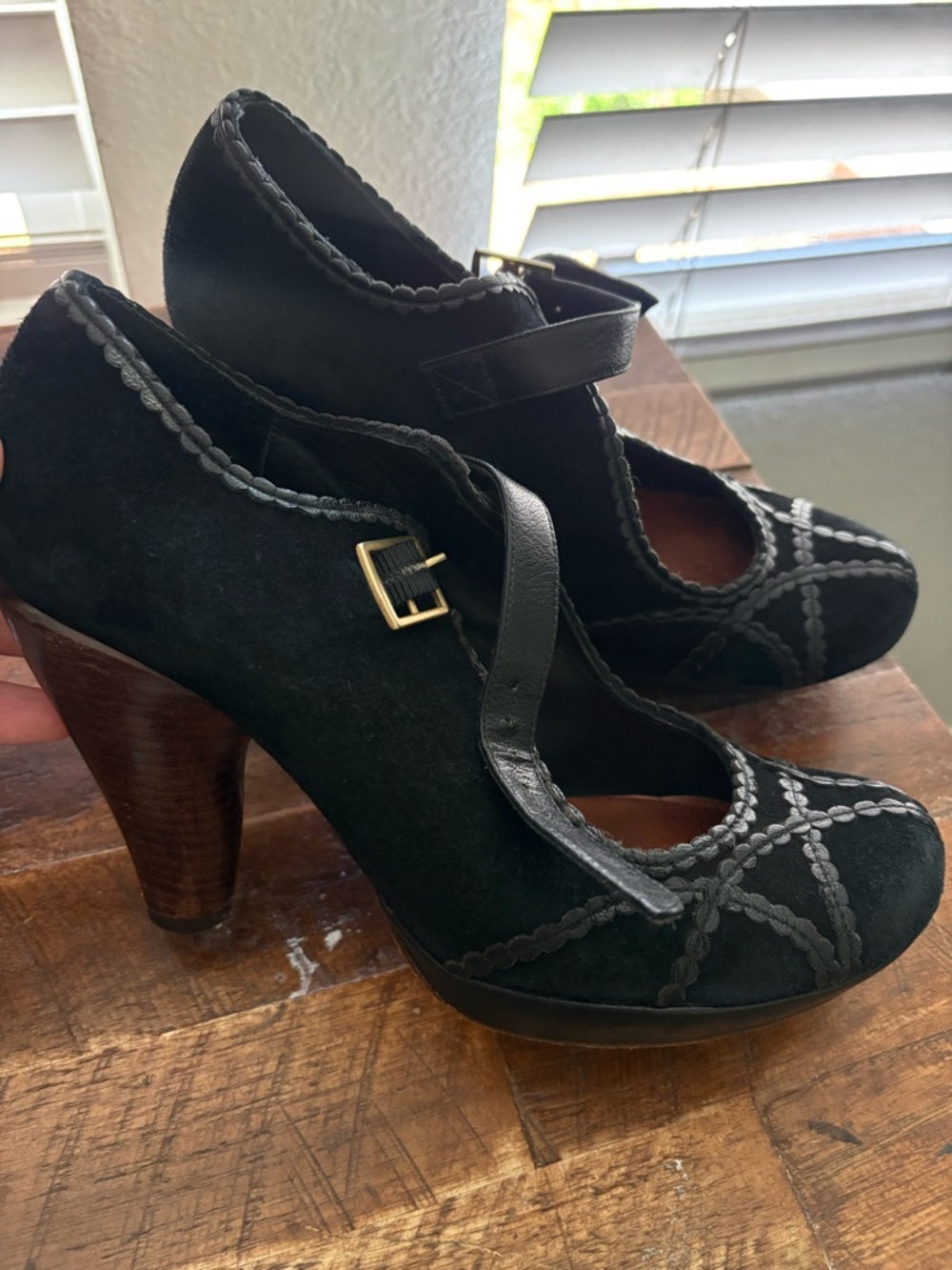 Chie Mihara Black Suede Mary Jane Heels Contrast Stitch Chunky Heel EU 37 - Picture 1 of 6